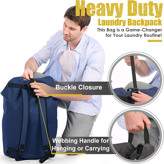 Backpack Laundry Bag, 115L Heavy Duty Extra Large College Laundry Backpack, Dirty Clothes Bag with Shoulder Straps, Laundry Hamper Bag with Drawstring Closure for College Dorm, Apartment Dark blue