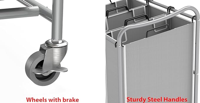 Simple Houseware Heavy Duty 3-Bag Laundry Sorter Rolling Cart, Silver | Removable Bags and Lockable Wheels for Laundry Room Organization