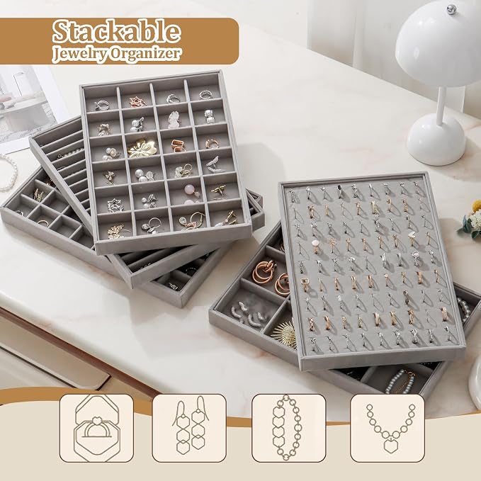 Large Velvet Jewelry Tray 2 Pack Stackable Jewelry Display Drawer Inserts Trays Organizer for Earring Bracelet Necklace Ring (Gray, Ring 81 Slots)