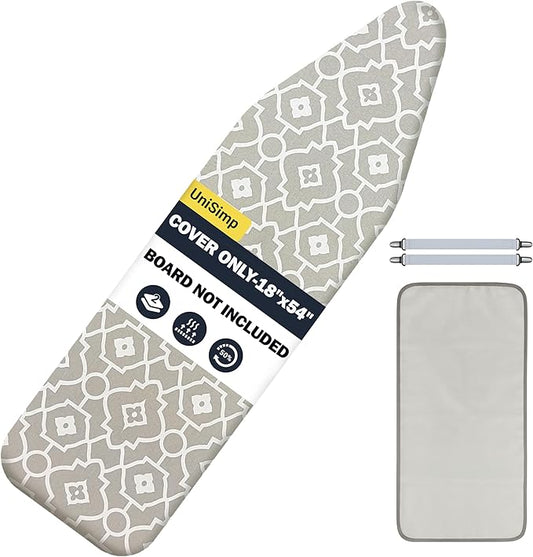 UniSimp Ironing Board Cover and Pad 18"x54" Extra Thick Natural Cotton Scorch & Stain Resistant Iron Board Cover Extra large Iron Board Cover with Fasteners Heavy Duty Heatproof Elastic Edge Geometric