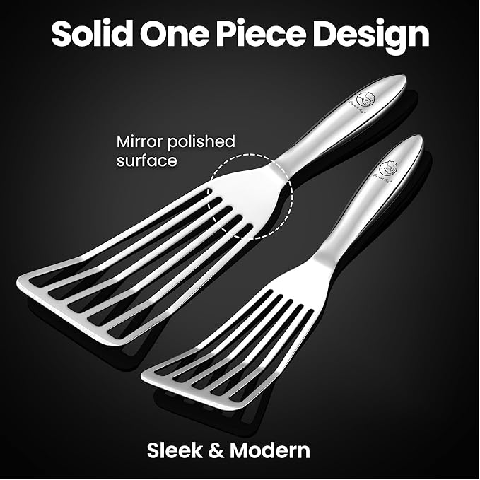 Stainless Steel Fish Spatula Set – 1 Large Fish Turner + 1 Small Metal Spatula, Ultra-Thin Edge for Easy Turning & Flipping, Metal Kitchen Utensils with Ergonomic Non-Slip Handle, Dishwasher Safe