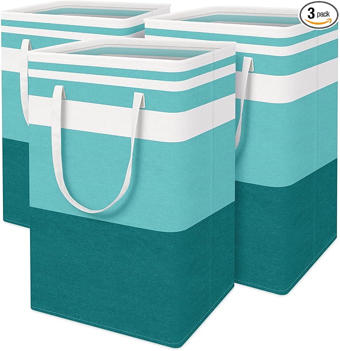 BlissTotes 3-Pack Laundry Basket, Collapsible Laundry Hamper, Green, 75L | Laundry Clothes Hamper, Hampers for Bedroom, Freestanding Hamper with Handles, Clothes Laundry Basket