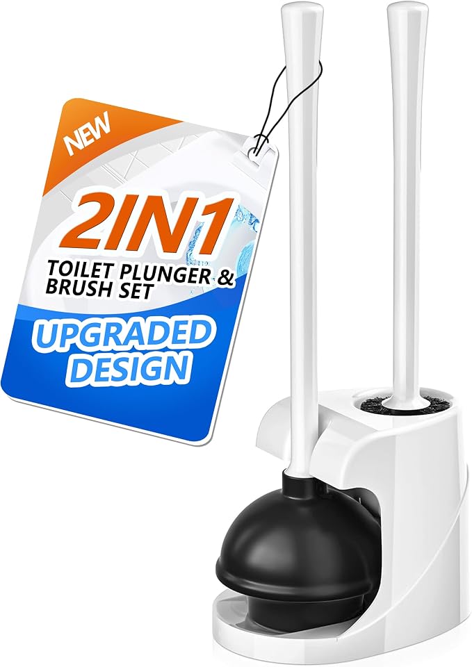 TRENTI Toilet Plunger and Brush with Holder, Bowl Brush and Heavy Duty Toilet Plunger Set for 5.7-inch Toilet Drain, 2-in-1 Bathroom Cleaning Combo with Modern Caddy Stand (White) | Toilet Plunger and Brush with Holder, Bowl Brush and Heavy Duty Toilet...