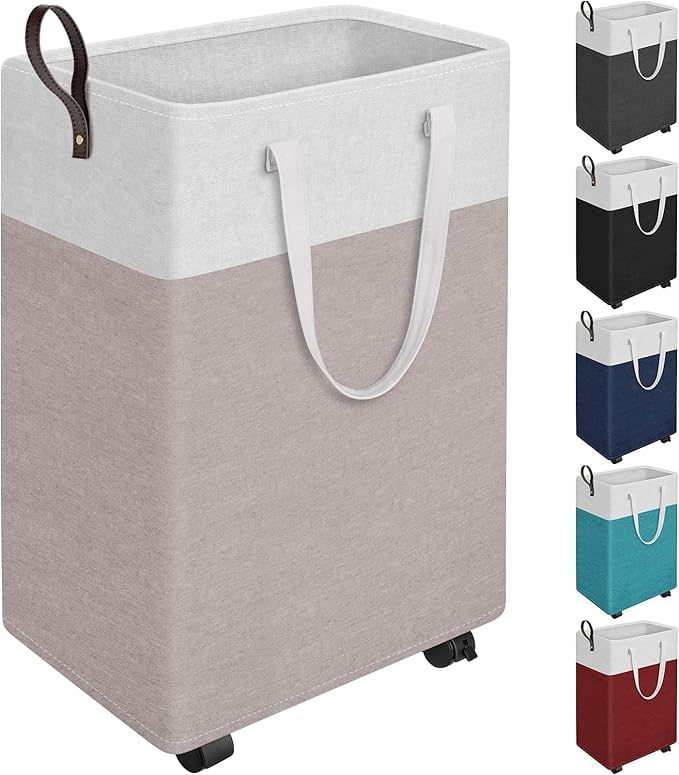 HomeHacks 90L Rolling Laundry Basket with 4 Wheels Collapsible Khaki | 4 Wheels, Waterproof PEVA Lining, Cotton Flax Fabric, Metal Frame, Bathroom Laundry Room Dorm Storage, Space-Saving Design