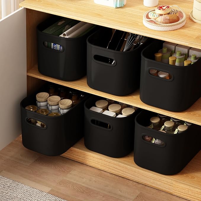 ORGIDOL 8 Pack Black Storage Bins with Lids Stackable Storage Container for Organizing, Black Storage Boxes with Handle for Shelves, Cute Organizer Bins for Craft, Snacks, 9.85x6.9x5.7 inch