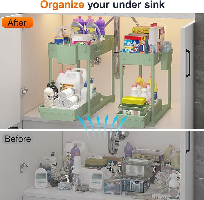 Sevenblue Under Sink Organizer, Bathroom Organizers and Storage, 2 Tier Multi-Use Pull Out Cabinet Organizer with Hang Hooks and Cups (Green, 14.8 Inch)