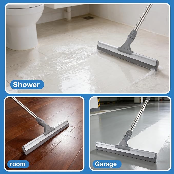Floor Squeegee, Squeegee Broom for Floor with 62" Long Handle, Shower Squeegee for Tile Shower Walls,Garage, Deck, Bathroom, Glass,Window, Concrete Floor (17.3")