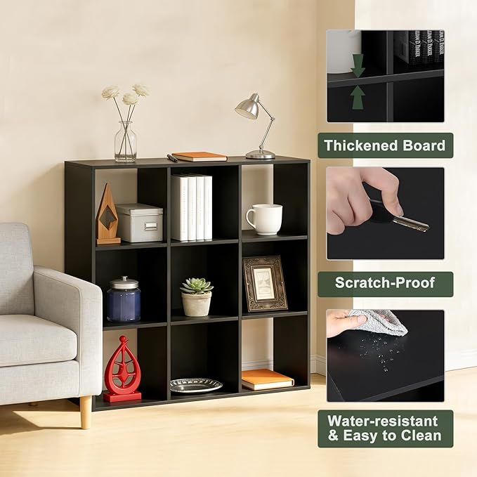9 Cube Storage Organizer, Reversible Bookcase Shelf | Open Cube Bookshelf, Large Modern Storage for Living Room, Bedroom & Office, Black