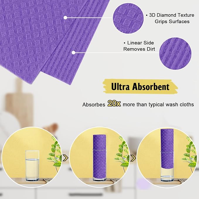 MoLKENE Swedish Dishcloths for Kitchen | 6 Pack Absorbent Cellulose Sponge Cloths Washable | Non-Scratch Reusable Paper Towels Quick Drying Cleaning Cloths - Purple