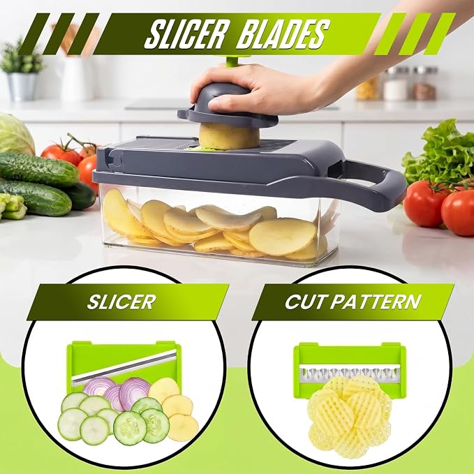 15 in-1 Vegetable Chopper with Container – Mandoline Slicer, Onion Dicer, Food Chopper, Cheese Grater– Multi Blade Kitchen Cutter for Fruits & Vegetables