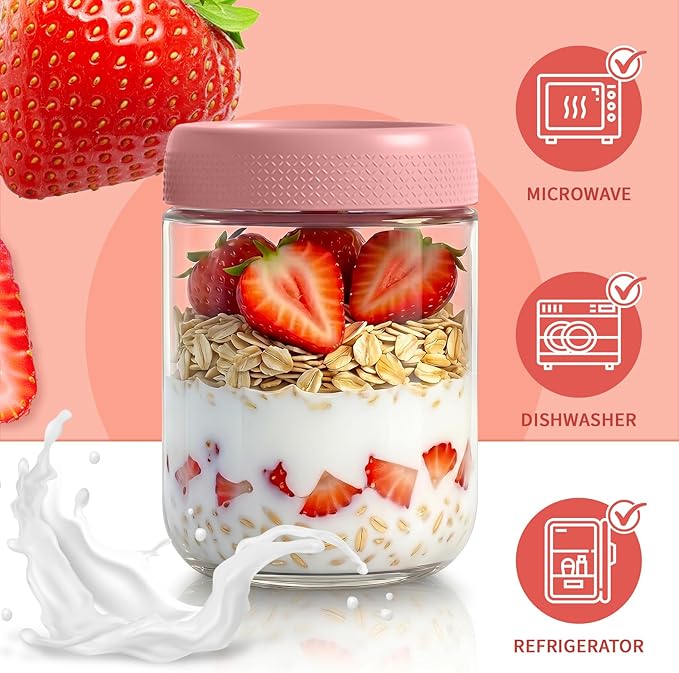 Mason Jars, 16 oz Overnight Oats Containers with Lids, Glass Jar with Lid | 6 Pack Wide Mouth Glass Mason Jars with Airtight Lids, Overnight Oats Jars for Yogurt, Meal Prep, Chia Pudding, Storage, Home