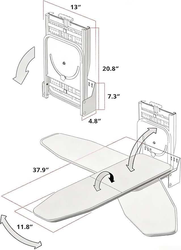 Nisorpa Wall Mounted Ironing Board 37.9" x 11.8", Compact Foldable Iron Board 180° Swivel, Space Saving Wall Ironing Board with Heat Resistant Cover for Laundry Room, Cloakroom, Apartment