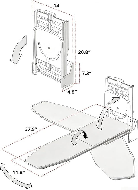 Nisorpa Wall Mounted Ironing Board 37.9" x 11.8", Compact Foldable Iron Board 180° Swivel, Space Saving Wall Ironing Board with Heat Resistant Cover for Laundry Room, Cloakroom, Apartment