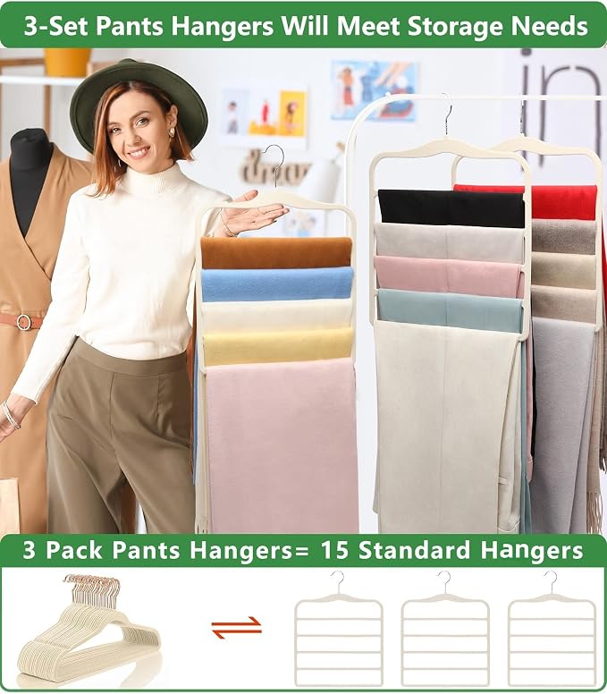 Pants Hangers Space Saving,Organization and Storage for Dorm Room Essentials for College Students Girls,Non-Slip Velvet Hangers,Multifunctional Pant Hanger Closet Organizer for Trousers Scarf-3 Pack