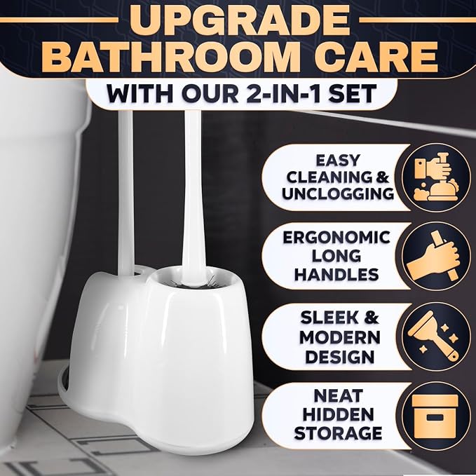 15.2" Toilet Brush and Plunger Set with Holder, Nylon Bristles, (White) | Toilet Bowl Brush, Holder and Plunger, Easy to Place and Simple to Store After Use, Compact Accessory for Small Spaces