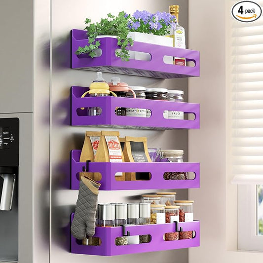 Sevenblue 4-Pack Magnetic Spice Rack for Refrigerator with Hooks, Purple | Strong multipurpose magnetic shelf for kitchen & bathroom organization. Includes 4 removable hooks for hanging items.