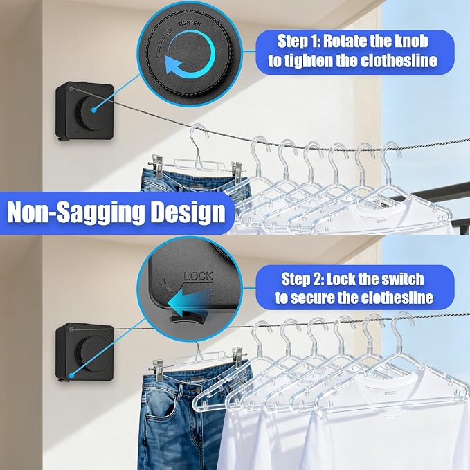 Retractable Clothesline Indoor Outdoor 17.4Ft Non-Sag Drying Rack(1, Black) | Stainless Steel Heavy Duty Laundry Washing Line with Wall Mounted, Space-Saving Clothing Drying Rack with Telescoping Hanger