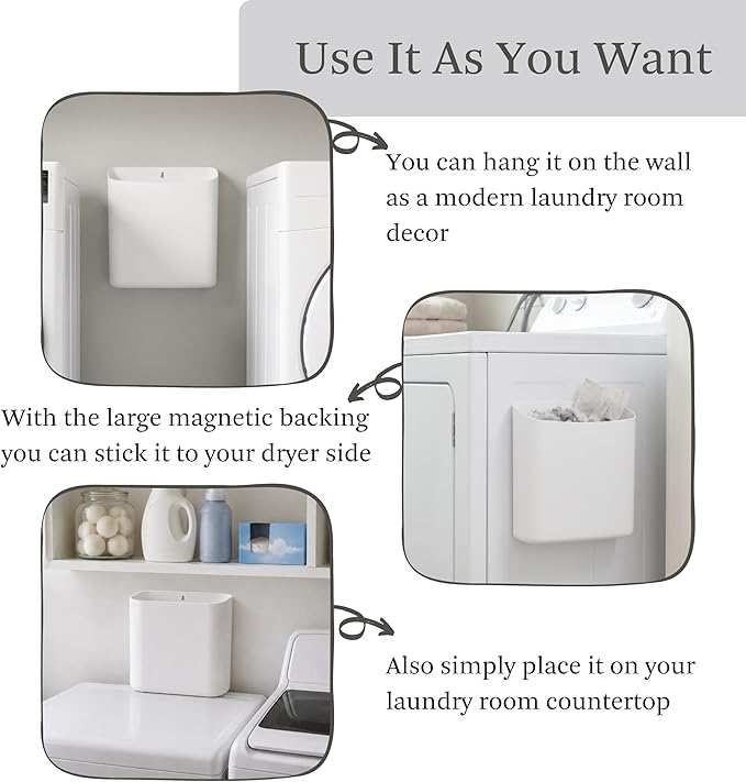 MONJITA Lint Bin for Laundry Room, Magnetic Lint Trash Can for Dryer, Modern Lint Holder, Lint Box for Laundry Room Organization, Wall Mounted Trash Can for Laundry Decor (White)