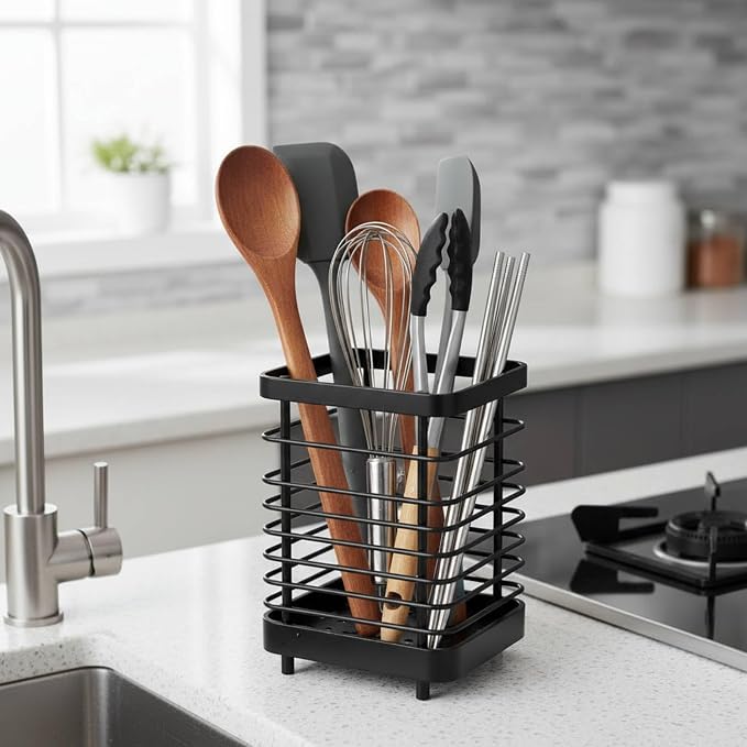 Kitchen Utensil Drying Rack, 18/8 Stainless Steel Utensil Holder Chopsticks Spoon Fork Knife Drainer Basket Flatware Storage Drainer, Dish Drainer for Kitchen Counter (Black)