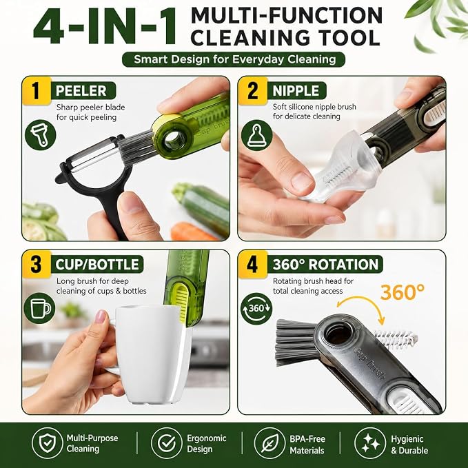 3-in-1 Cleaning Brush for Cups, Bottles & Keyboards, Multifunctional Detail Cleaning Tool for Lids, Gaps, Earbuds & Hard-to-Reach Areas, Compact Portable Cleaning Kit for Home, Office & Travel.