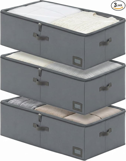 10" High Capacity Under Bed Storage Bins (3-Pack, Grey), Deep 600D Heavy Duty Oxford Fabric Storage Box for King Size Comforters, Pillows & Large Blankets