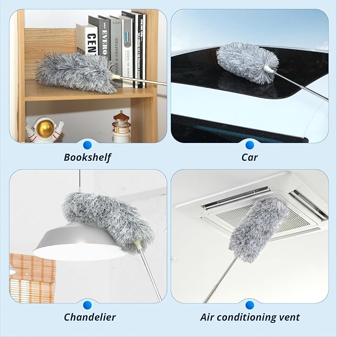 ZZ LAZYCOTTAGE Duster with Extension Pole & Flexible Head, Gray Feather Duster, Long Ddusters for Cleaning for High Ceilings, Walls, Fans, Cobweb and Furniture