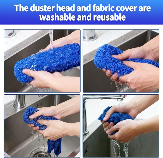 Cobweb Duster with Extension Pole, Washable Cleaning Duster Kit with 3 Duster Heads, Cobweb Duster, Corner Brush, Gap Dust Cleaner, Telescoping Pole for Ceiling Fan, Long Duster for high Ceilings