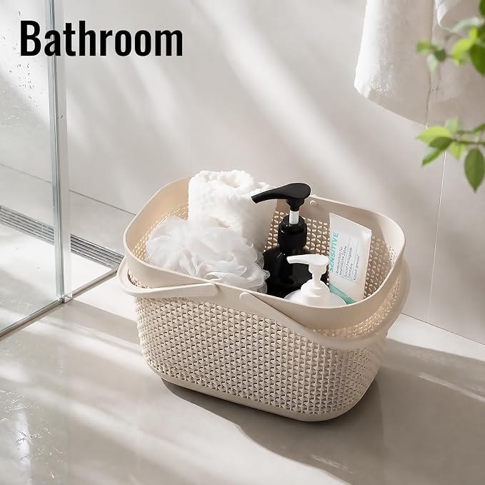 Plastic Protable Shower Caddy Basket, Storage Organizer with Handle, Beige | Bottom Drain Holes, Keep Dry, Sturdy and Durable, Easy to Carry for Bathroom, Kitchen, Dorm Room, RV, College