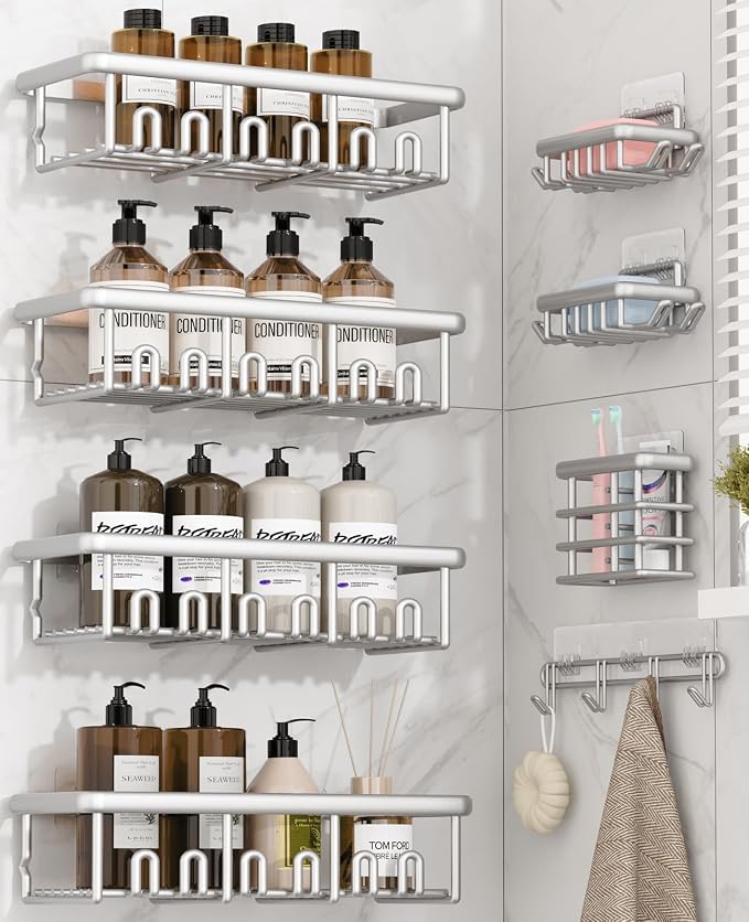 8 Pack Adhesive Rustproof Shower Caddy with Soap Dishes, Toothbrush Holder & Hooks, Large Capacity No-Drilling Shower Shelves Rack for Bathroom Organizers and Storage Accessories, White