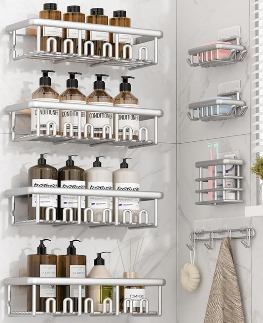 8 Pack Adhesive Rustproof Shower Caddy with Soap Dishes, Toothbrush Holder & Hooks, Large Capacity No-Drilling Shower Shelves Rack for Bathroom Organizers and Storage Accessories, White