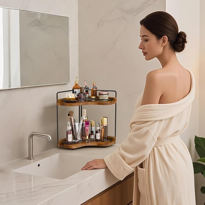 2-Tier Corner Bathroom Counter Organizer, Larger Size | Embedded Screw Holes, Sturdy & Stable, Oversized, Holds More, Vanity Shelf for Makeup & Skincare, Acacia wood-Brown