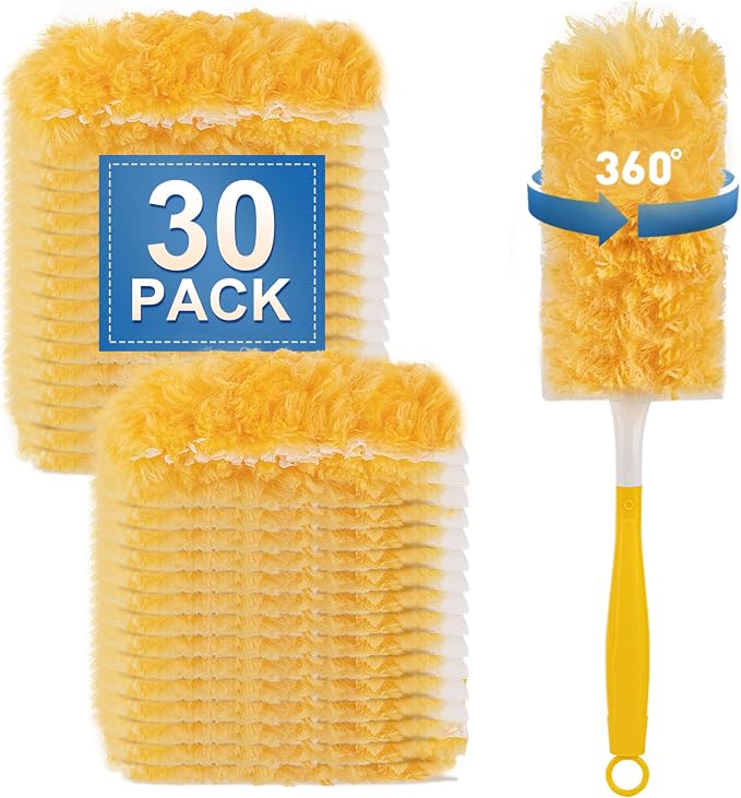 Heavy Duty Duster Refills (30Pack+1Handle), Unscented Disposable Dusters Kit for Cleaning Dusting Furniture Blind Ceiling Fan, Multi Surface 360 Feather Duster
