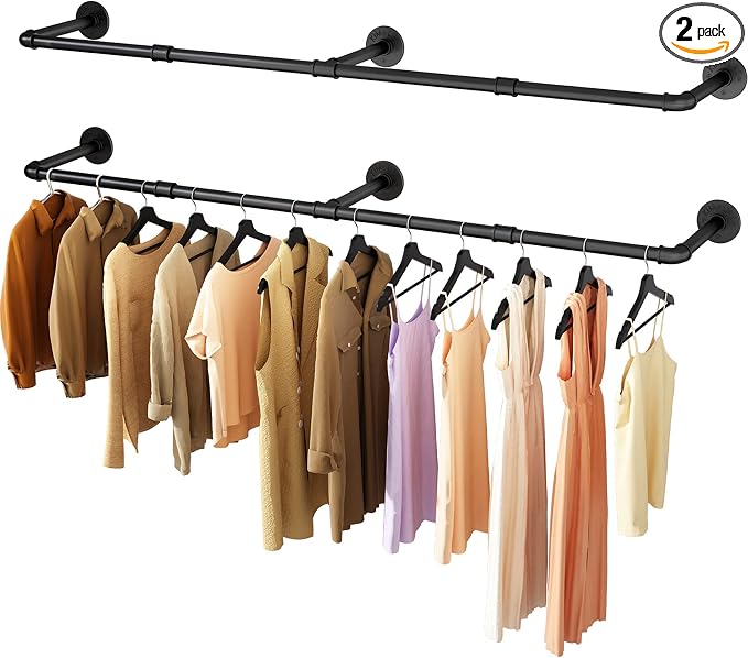 Wall Mounted Clothes Rack 52.6in, Industrial Pipe Clothing Racks Wall Mount, Heavy Duty Detachable Iron Garment Bar, Saving Space, Multi-Purpose Hanging Rod for Bedroom, Laundry Room, 2 Packs