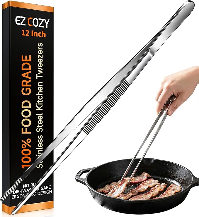 Kitchen Tweezers 1PC Cooking Tongs, Stainless Steel Food-Grade 12" Long Tweezers, Professional Heat Resistant Kitchen Utensils for Chef, Baking, Salad, Dishwasher Safe & Anti-Slip Grip Kitchen Tools