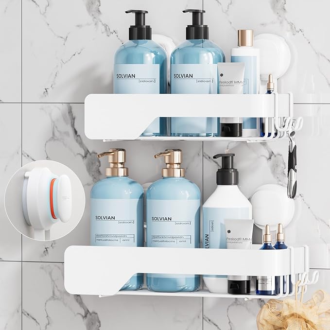 TAILI Shower Caddy Suction Cup Stainless Steel Rustproof Shower Shelves, No Drilling Wall Mounted Basket, Upgraded Removable Suction Cup Bathroom,Visible indicator White 2pack