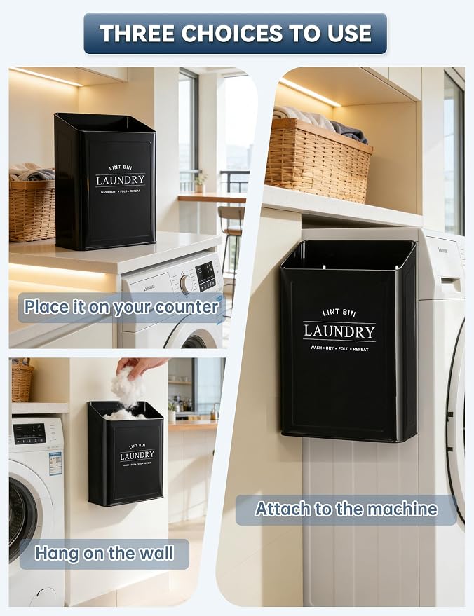 Magnetic Lint Trash Can for Laundry Room, Metal Dryer Lint Bin with 2 Pet Hair Remover, Farmhouse Laundry Room Decor, Black