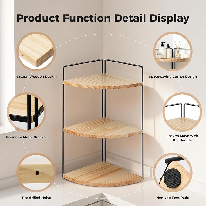 3 Tier Corner Bathroom Counter Organizer – Solid Wood + Metal Stand, Bathroom Countertop Organizer for Skincare, Makeup & Vanity, Space-Saving Rustic Storage for Sink, Kitchen & Bathroom