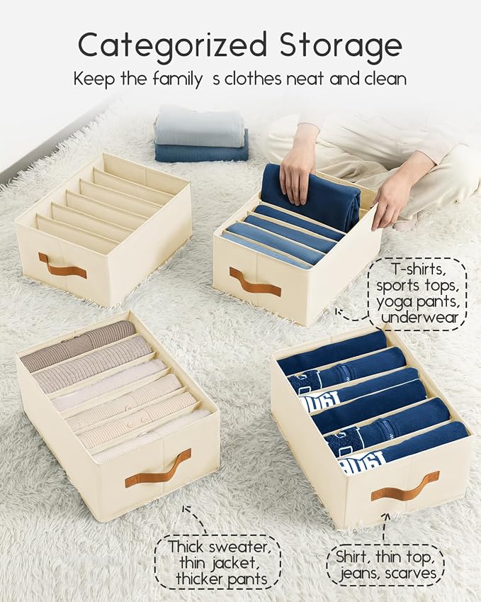 Homsorout Closet Organizers and Storage - Fabric Clothes Organizer with Handles, Foldable Jeans Organizer for Clothes, Drawer Organizer for Shirts, Bra, Sweater, Scarf, 8 Pack, Beige