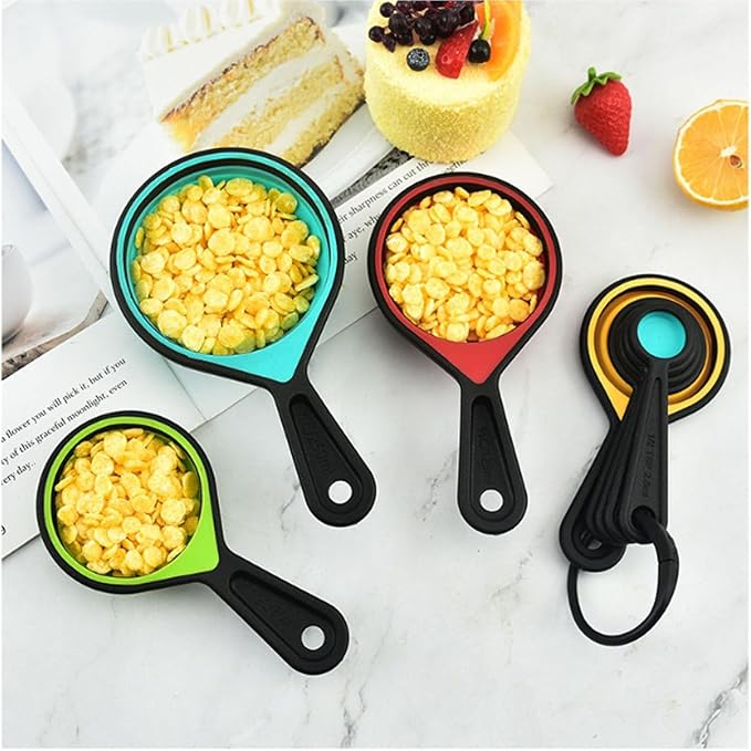 Collapsible Measuring Cups and Spoons Set, 8 Pieces, Silicone, Adjustable for Kitchen, Camping