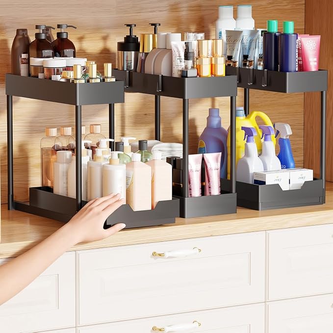 Simple Trending Under Sink Organizer 3 Pack, Sink Pull-Out Sliding Storage Cabinet, 2-Tier Under Shelf Organizer for Kitchen Bathroom, Black