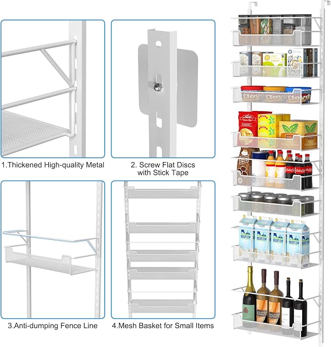 VyGrow Over the Door Pantry Organizer, 8-Tier Over the Door Organizer with Adjustable Basket, Pantry Door Organization for Pantry Kitchen Storage Room Spice Rack, White