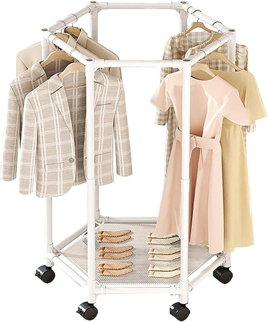 Clothes Rack with Wheels, Hexagonal Rolling Clothing Rack for Hanging Clothes, Clothes Drying Rack, Freestanding Garment Rack for Balcony, Living Room,White,1 Tier