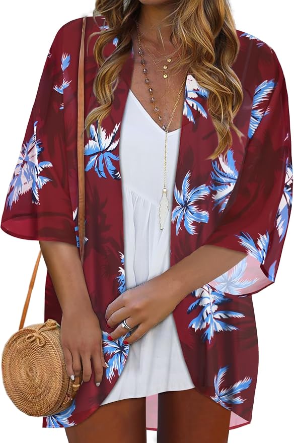 Women Kimono Cardigans Summer Cover Up Hawaiian Shirts Floral Print Tops | ROSEMIA chiffon kimono open front cardigans, beach cover ups, daily casual tops, cruise outfits, summer resort wear