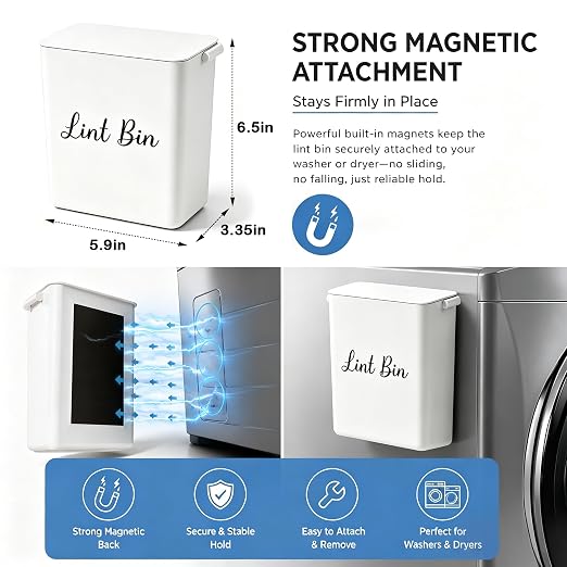 Magnetic Lint Bin with Lid for Laundry Room, Compact Plastic Dryer Lint Holder, Small Laundry Trash Container for Dryer Lint & Used Dryer Sheets, Space Saving Storage Decor Organizer (White)