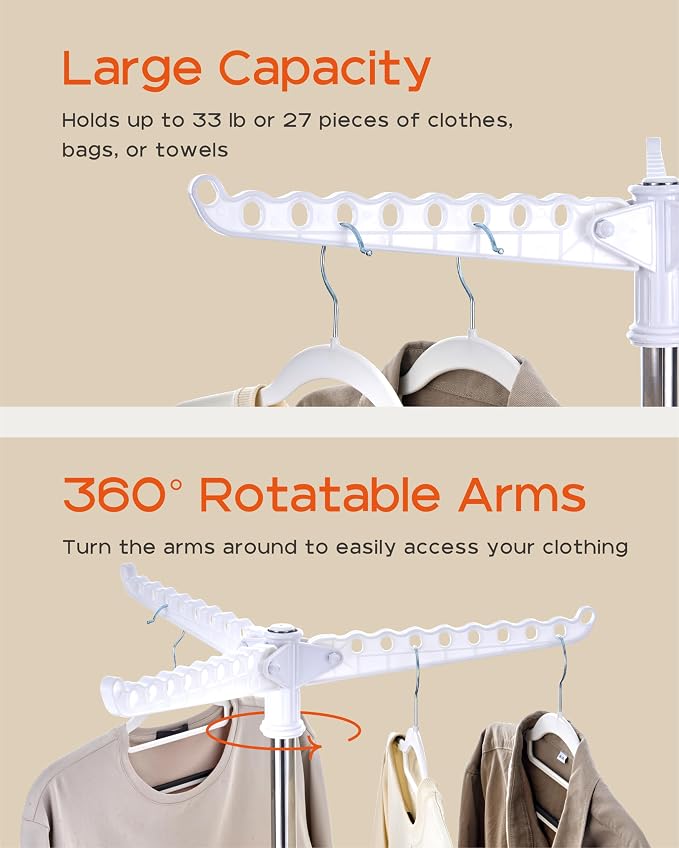 CASAMAYA Clothes Drying Rack Foldable, 59 inch Tripod Laundry Drying Rack Indoor with Rotating Clothes Rail for 27 Pieces of Clothes, Space Saving, Stainless Steel, White and Silver CDR001W01