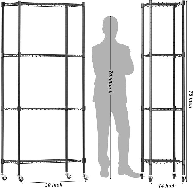Homdox Heavy Duty 4-Tier Metal Shelving Unit with Adjustable Shelves, Rolling Storage Rack for Kitchen, Garage, Pantry, 29.92"x13.98"x74.41", Black