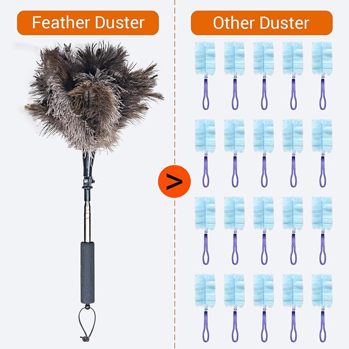 Luxury Black Curved Feather Duster, Extendable Ostrich Feather Cleaning Tool for High Ceilings, Furniture, Blinds, Walls, Soft Fluffy Long Handle Dusting(A13-Black)