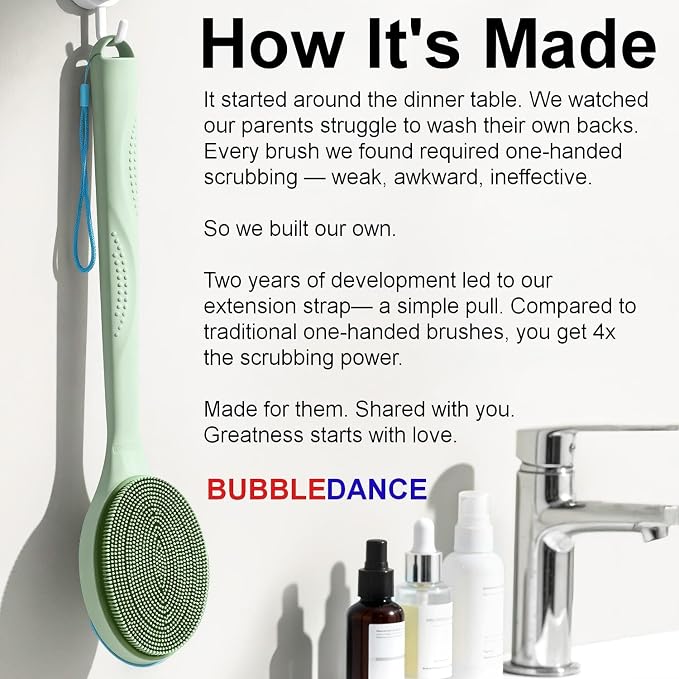 Extendable Silicone Back Scrubber-17-32,Dense Bristles-4X Power | 2-Hand Grip for 4X power. Food-grade silicone, BPA-free. 30D curved dense bristles for rich lather & exfoliation. Quick-dry.