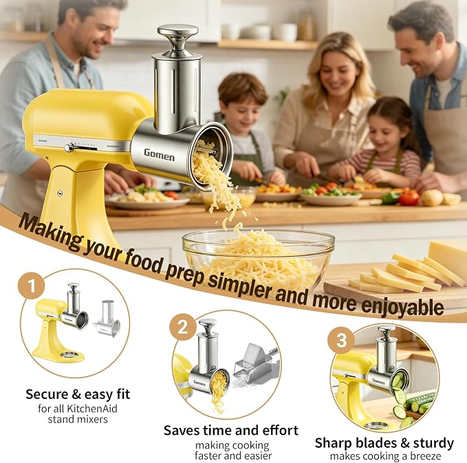 Stainless Steel Slicer Shredder Attachment for Kitchenaid Stand Mixer, 5 Blades Cheese Grater and Vegetable Slicer Set, All-in-One Food Prep Tool, Effortless Salad Maker Accessories, Dishwasher Safe
