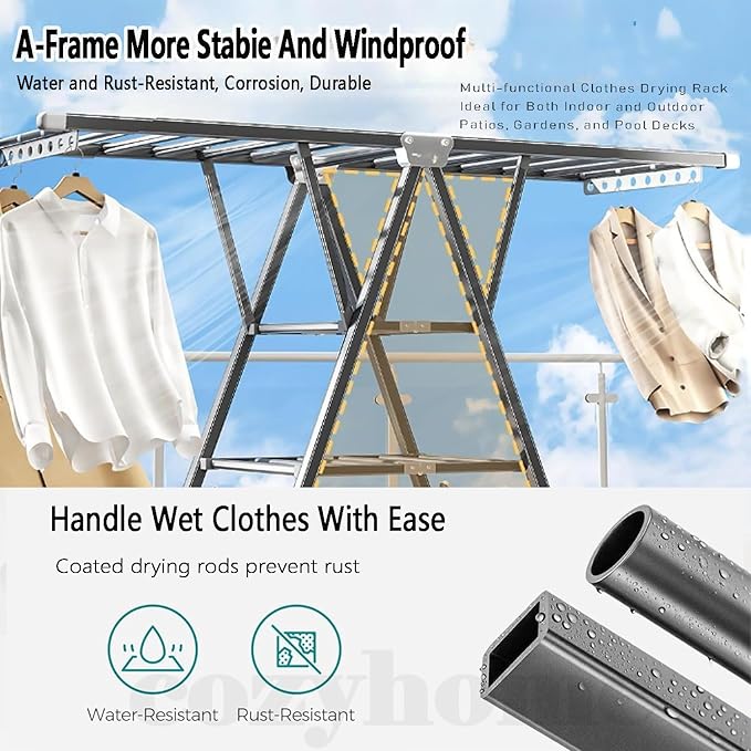 71" Foldable Clothes Drying Rack, Heavy Duty Laundry Drying Rack with Wheels, 3-Level Large Standing Clothes Rack, No Assembly Required Rust-Proof Carbon Steel for Indoor/Outdoor